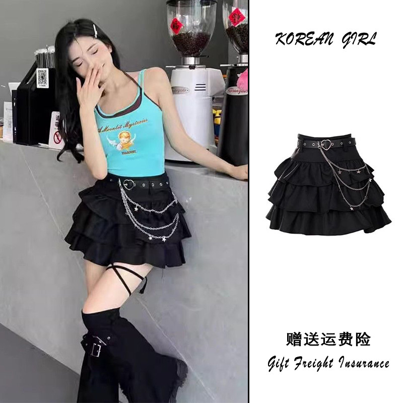 y2k Asian style hot girl black cake dress for women, new summer style petite puffy dress, high-waisted A-line short skirt