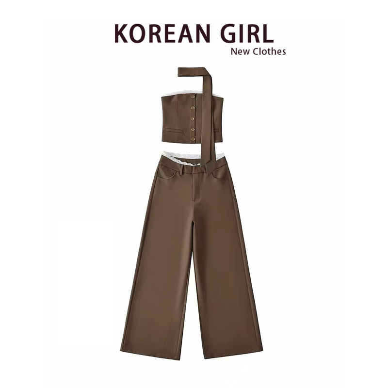 Hot Girl Style Sleeveless Tube Top Set for Women Early Autumn Ribbon Halter Top Blazer Wide-Leg Pants Two-Piece Set Hot Girl Style Sleeveless Tube Top Set for Women Early Autumn Ribbon Halter Top Blazer Wide-Leg Pants Two-Piece Set