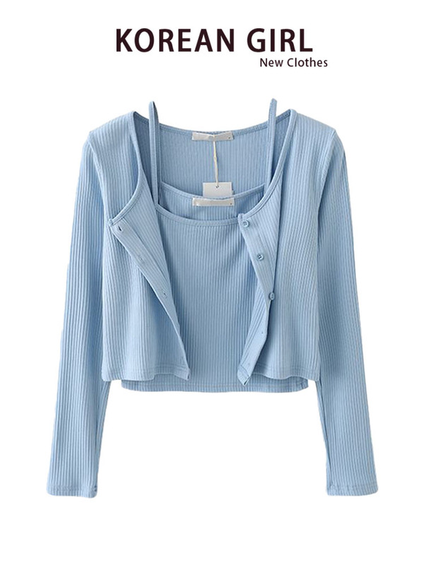 Blue Knitted Cardigan and Camisole Two-Piece Set for Women, 2026 Spring and Autumn New Thin Versatile Slim Short Top Set