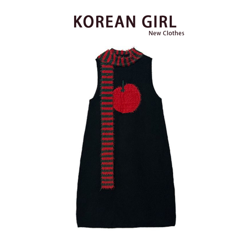 Red Apple Scarf Knitted Vest Dress for Women, Autumn and Winter Sweet Petite Sleeveless Mid-Length Sweater Dress