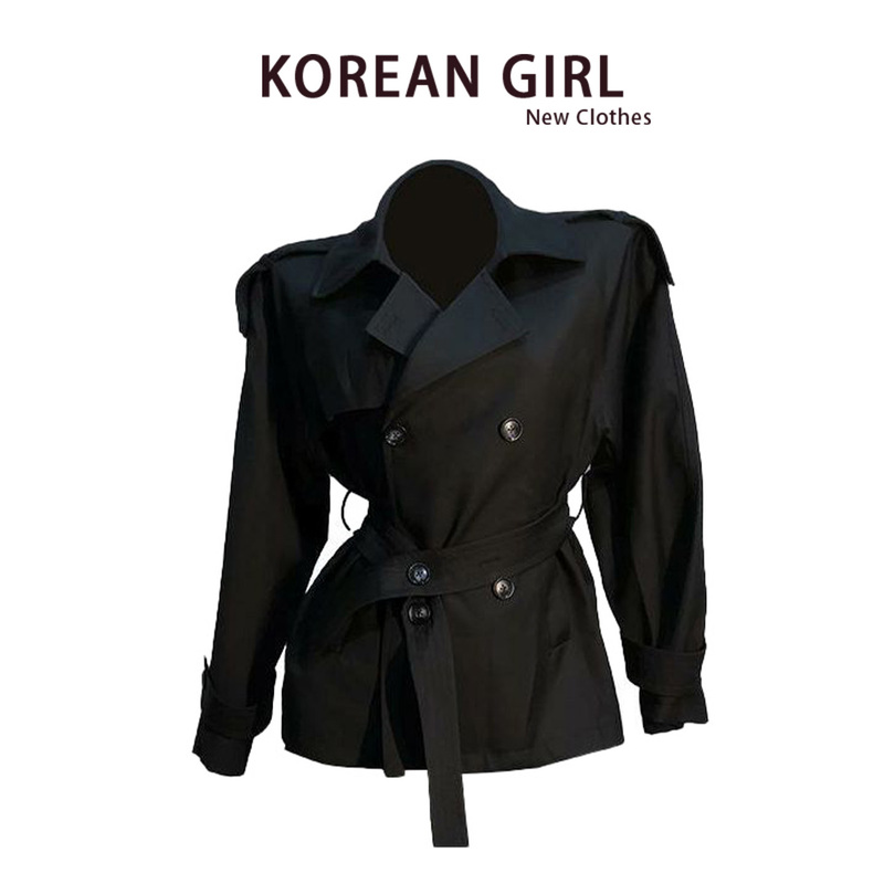 British Style Short Black Trench Coat for Women, New Autumn and Winter Style, Petite, High-End, Double-Breasted, Waist-Cinching Top, Trendy