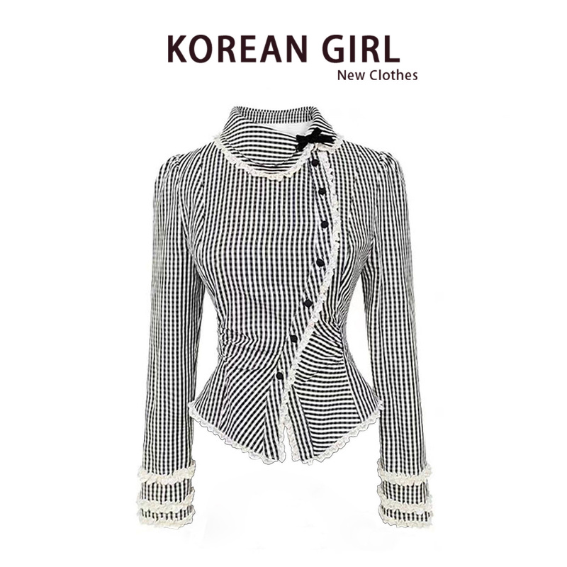 French Plaid Diagonal Collar Doll Collar Shirt for Women in Autumn and Winter, Sweet Lace Trim Shirt, Irregular Long-Sleeved Top