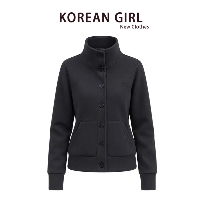Minimalist Stand-Up Collar Short Button-Up Jacket for Women, Autumn Korean Retro Slim-Fit Cardigan Knit Top Jacket