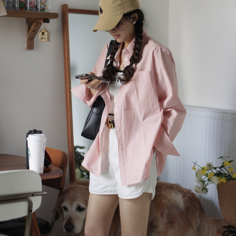 Loose Long-Sleeved Pure Cotton Collared Shirt Korean Cherry Blossom Pink 100% Cotton Shirt Casual Oversized Top Jacket