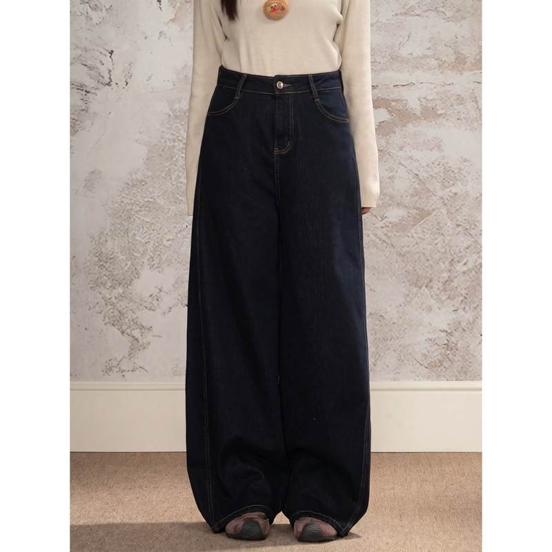 Mooch Duoduo Large Size Women's Retro Blue Straight-Leg Jeans Autumn and Winter Fleece-Lined Wide-Leg Pants Wp876A