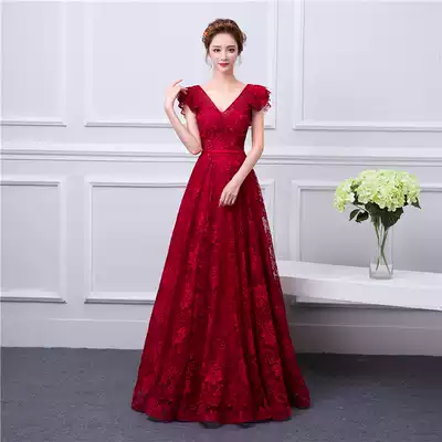 2019 New wine red autumn winter party birthday party fashion big size thin annual meeting host evening dress long version