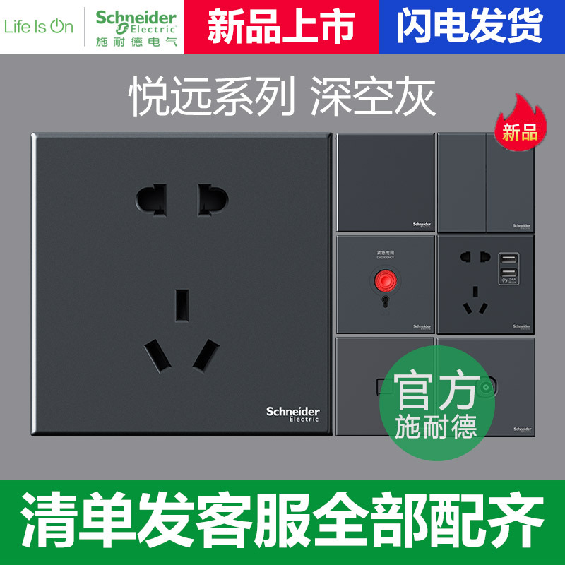 Schneider Switch Socket Yueyuan Deep Space Gray Five-Hole Typec+Usb Three-Hole 16A Category 6 Computer Dual Mid-Town Report