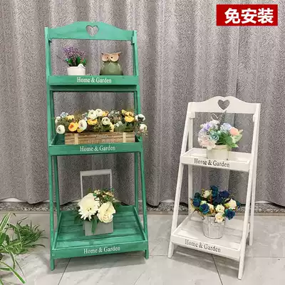Pastoral flower shelf Balcony decoration living room floor-standing solid wood fleshy gold Gee shelf indoor flowerpot multi-layer shelf
