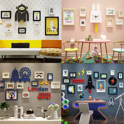 Nordic simple decorative wall hanging Photo Wall living room children's bedroom bedside hanging solid wood photo frame combination free of punching