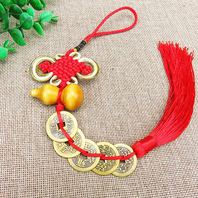 Real Peach Wood Gourd Five Imperial Coin Plinth Feng Shui Living Room Chinese Pendant China Knot Auspicious Ornament Car Pendant