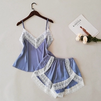 Summer Korean thin loose lace sexy ice silk two-piece suit suspenders shorts pajamas womens vest home service