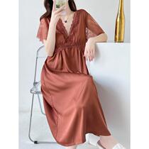 2022 spring and summer sexy pajamas season hot ice silk nightdress with chest pad lace hollow short-sleeved long skirt home service