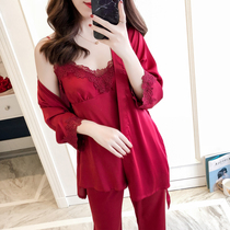 2022 summer pajamas womens thin section suspenders long-sleeved nightgown trousers ice silk three-piece sexy lace home clothes