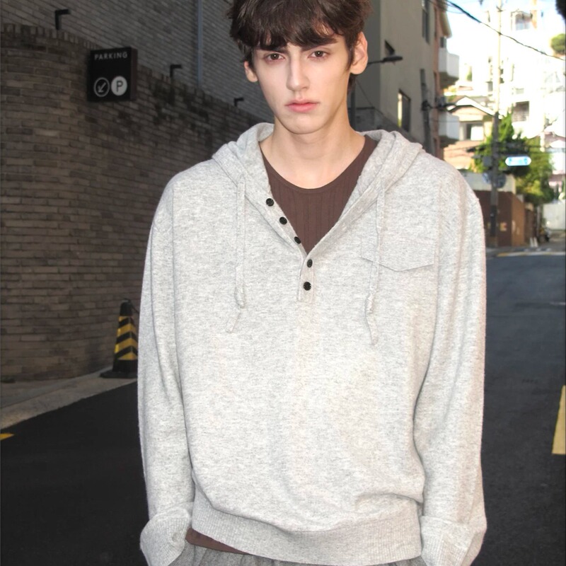 Simple and Basic, It Looks Great! ! Hooded Collar with Buckle and Drawstring Pullover Sweater Kernhafen