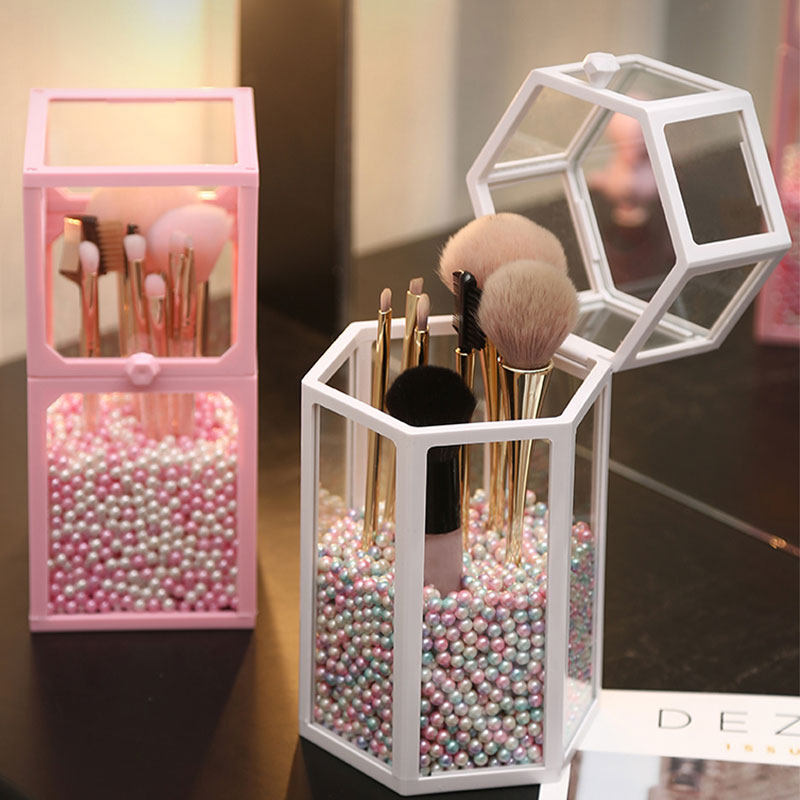 Glass brush bucket makeup brush storage box brush storage bucket pen holder dust-proof makeup bucket with lid cosmetic storage