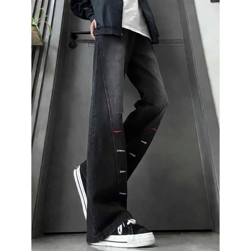 Trendy Embroidered Buttonhole Cut-Out Jeans for Men, American High Street Style, Slimming and Leg-Lengthening Straight-Leg Flared Pants