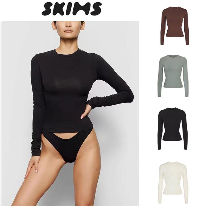 European and American Skims Kardashian Slimming Shapewear T-Shirt Long-Sleeved Round Neck Base Layer High-Elastic Yoga Wear Ning Yizhuo Same Style