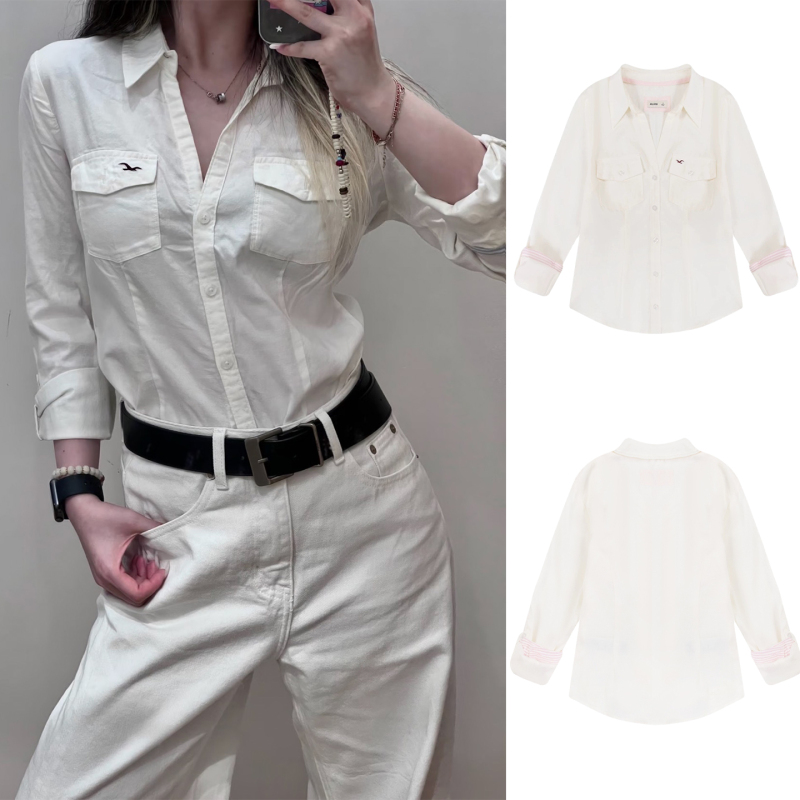 Hco Little Seagull 26 Styles Y2K Pocket Embroidery Old Money Style White Shirt Women's Half-Open Collar Slimming Hot Girl Top Hco Little Seagull 26 Styles Y2K Pocket Embroidery Old Money Style White Shirt Women's Half-Open Collar Slimming Hot Girl Top