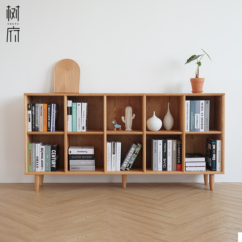 Nordic Solid Wood Bookshelf, Japanese-Style Cherry Wood Floor-Standing Bookcase, Modular Grid Cabinet, Oak Storage Rack