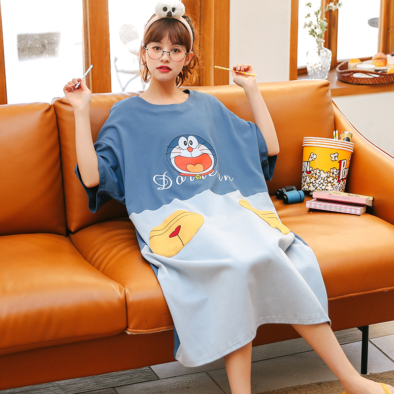 Sleeping Skirt Woman Summer Pure Cotton Short Sleeve Thin style Spring and autumn Home Clothing Cute Days Students Loose Pregnant Woman Sleepwear Summer