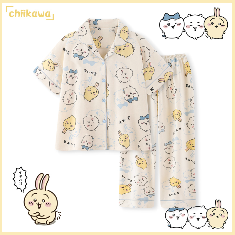 Chiikawa Pajamas Summer Women's Pure Cotton Short-Sleeved Long Pants Cute Usagi Hii Xiaoba Spring and Autumn Home Clothes