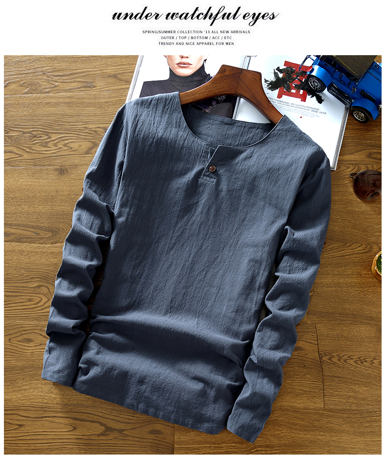 Của nam giới XL Trung Quốc phong cách của nam giới linen chất liệu new T-Shirt retro quần áo cotton linen dài tay màu rắn t 桖