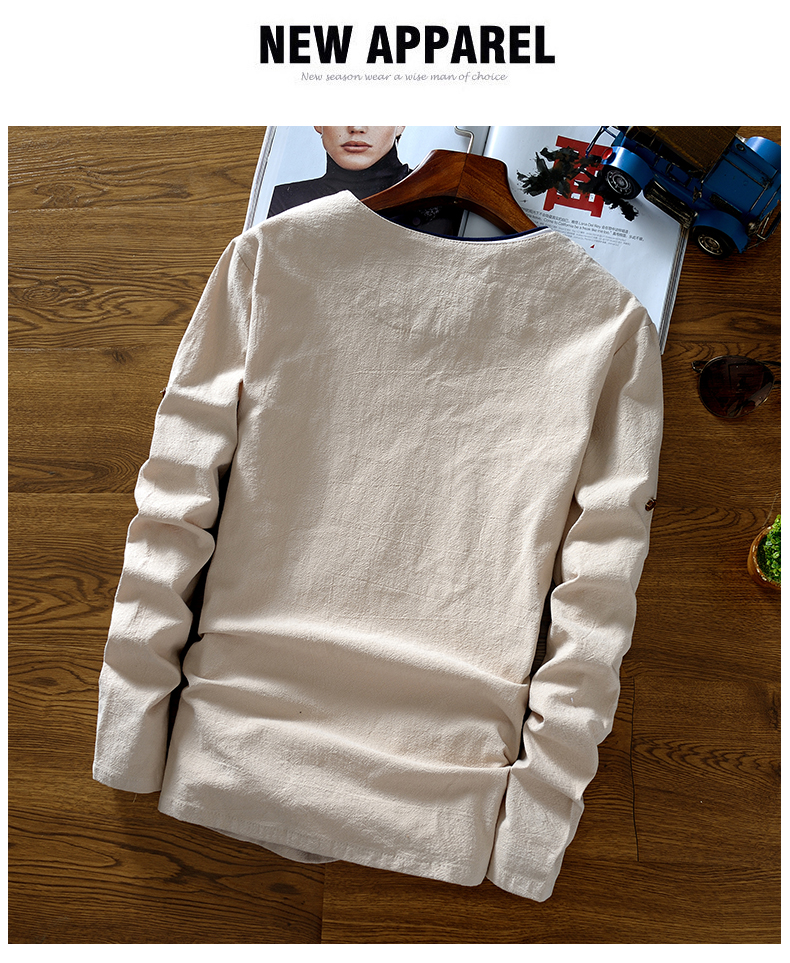 Của nam giới XL Trung Quốc phong cách của nam giới linen chất liệu new T-Shirt retro quần áo cotton linen dài tay màu rắn t 桖 áo phông rộng nam