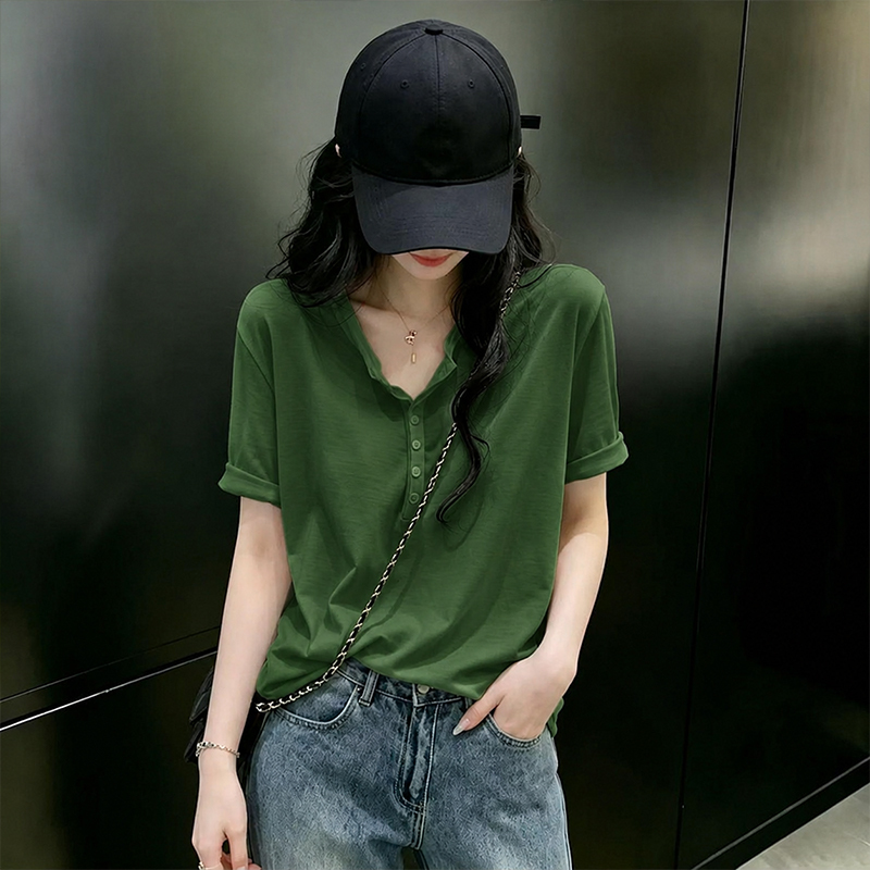 Green Henry Collar Short-Sleeve T-Shirt with Shoulder Buttons for Women, Summer Korean Fashion Casual Sports Versatile Top ins Trend