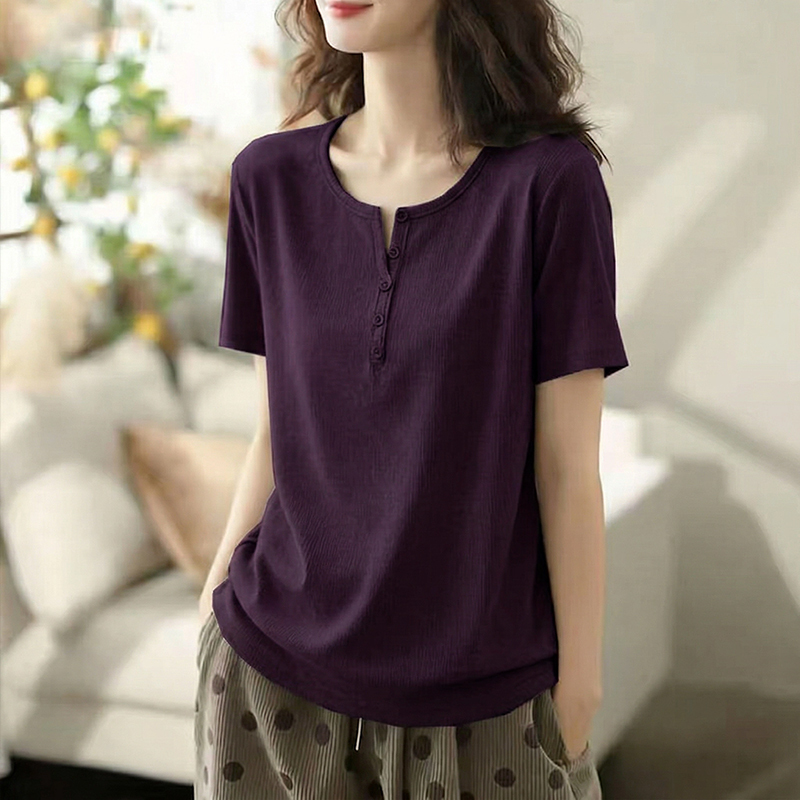V-Neck Short-Sleeve T-Shirt for Women, New Summer Style, Simple, Casual, Loose, Slimming, Base Shirt with Unique Design and Niche Button-Up Top