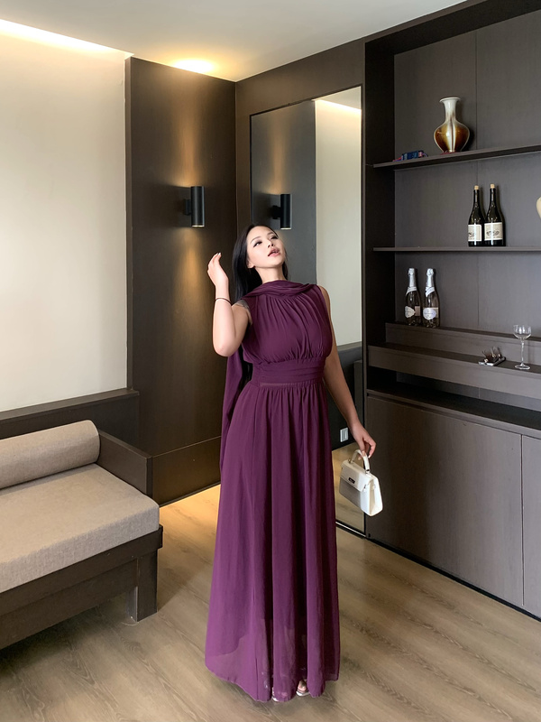 Bbwootd Plus-Size High-End Ribbon Halter Neck Purple Elegant Dress with French Style, Slit and Waist-Cinching Long Dress