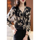 2022 autumn new careful machine exposed collarbone V-neck chiffon shirt loose printing thin long-sleeved top women's thin