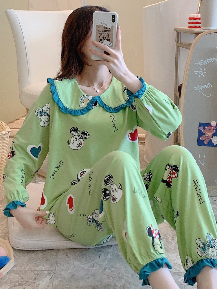 Xiichorl Xi Cao pure cotton pajamas women's spring and autumn thin section long-sleeved trousers two-piece suit cute home clothes