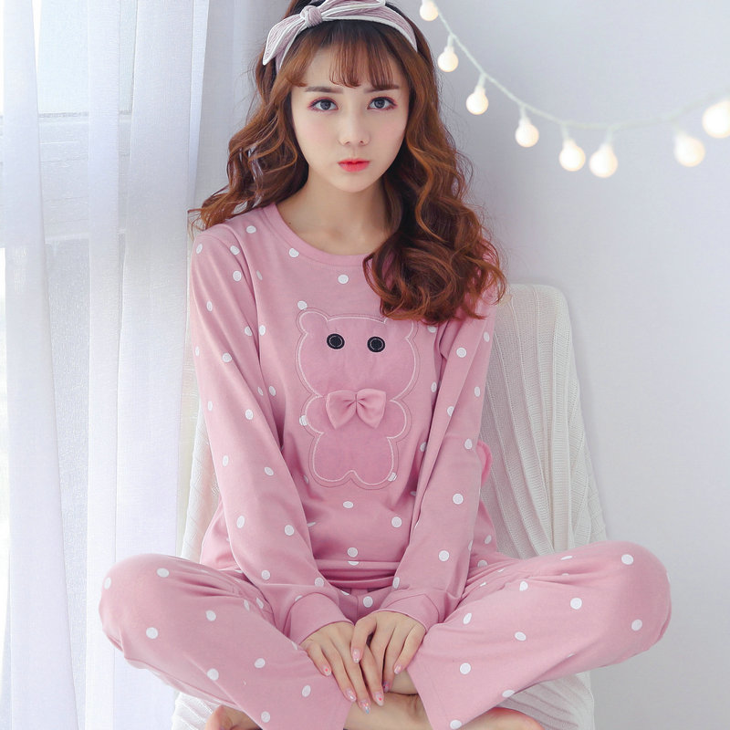 Korean version of pajamas women spring and autumn pure cotton long sleeve cartoon casual can wear home clothes two-piece suit autumn and winter cotton