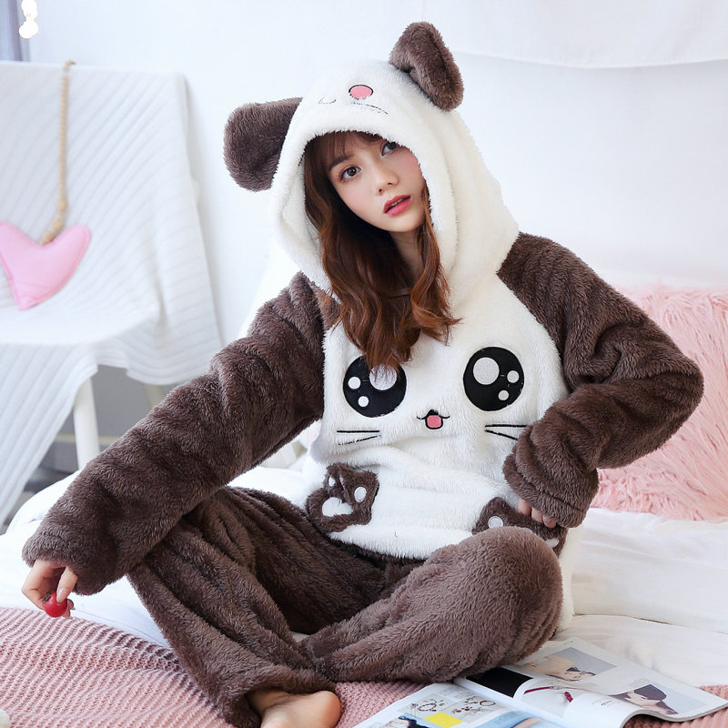 Sleepwear Woman Autumn Winter Cute Cute Little Bear Even Cap Thickened Coral Suede Big Size Easy to wear outside wearing home jacket