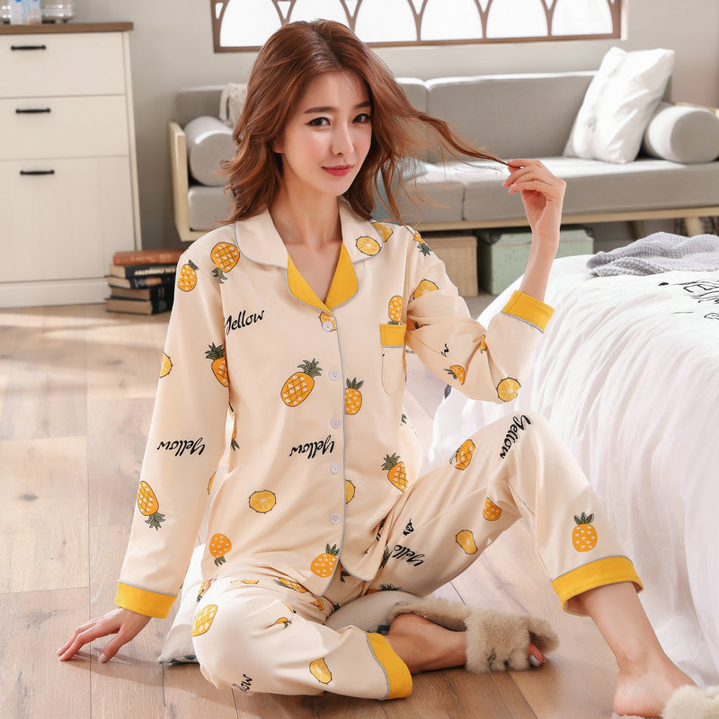 Korean version pyjamas women Xia Bo-style cardio-hoodie student cute pineapple long sleeve spring and autumn season two style suit pure cotton home clothes