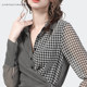 European station 2022 spring plaid shirt top women's stitching cross V-neck slimming belly-covering chiffon shirt bottoming shirt