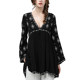 European station large size belly-covering foreign style small shirt long-sleeved fashion spring new embroidered black v-neck top mid-length