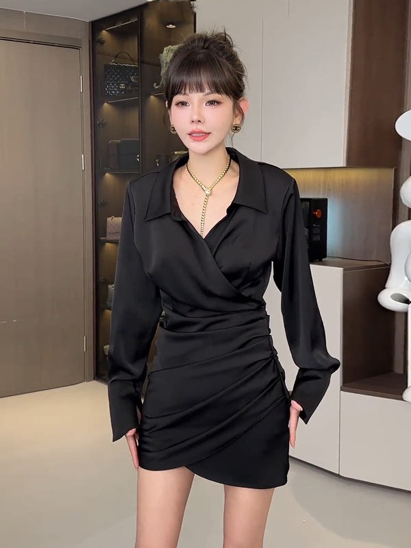 2026 Early Spring New High-End Elegant Satin Long-Sleeve V-Neck Shirt Dress for Women, Waist-Cinching Shirt Dress, Bodycon Dress