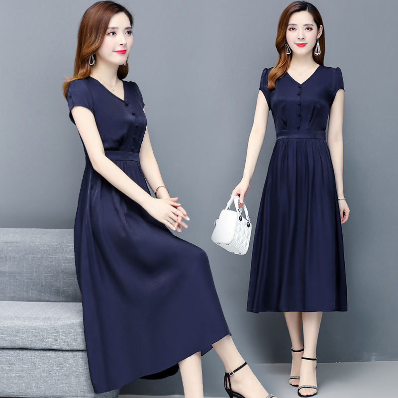 Temperament Short Sleeve Snowspun Foreign Dress Women's 2022 New Summer Cashew Cashew Slim Pop Medium Long Version Over Knee Long Skirt