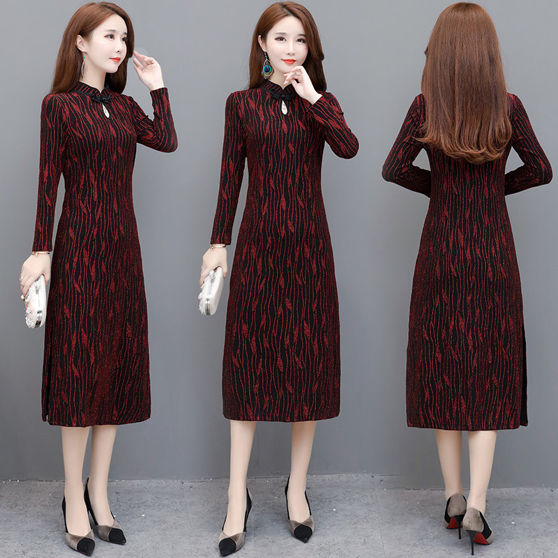 Improved cheongsam temperament spring and autumn long-sleeved dress women's 2022 new spring dress mother cover belly over the knee bottoming skirt