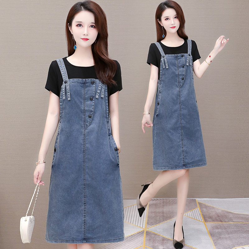 Denim Cuddle Bag Foreign Dress Women 2022 New Summer Clothing Easy Korean version Big size Belly Button Slim mom Hanging Strap Skirt