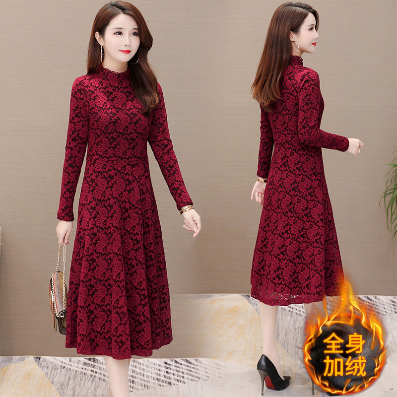 2022 autumn and winter new inner lap lace dress with feminine dress temperament plus suede thickened with a long dresses