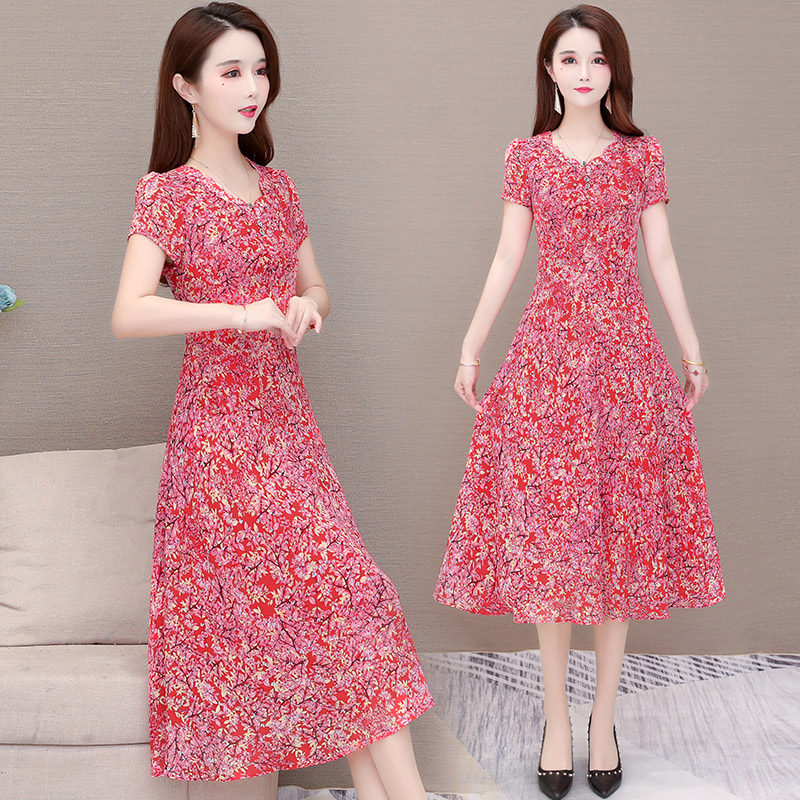 Short-sleeved dress women's summer 2022 new Korean style slim mid-length ladylike v-neck knee-length a-line skirt