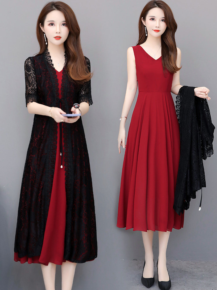 Two-piece dress spring and summer 2021 new temperament popular this year in the long version of the summer chiffon suit long dress