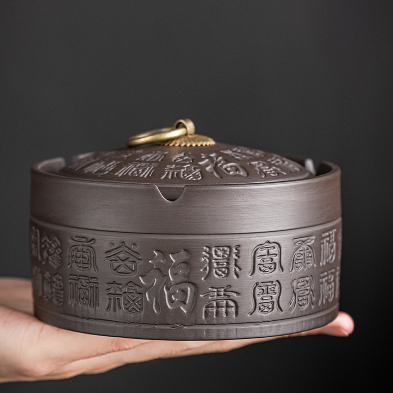 High-end large size purple sand ashtray Smoke smoke cylinder Smoke cigarette box Retro Modern Chinese style home office with cover anti-fly ash-Taobao