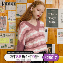 Jamor Spring and Autumn New Striped Contrast Sweater Knit Top Long Sleeve Loose Sweet Joker Sweater Womens Tide