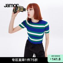 Jamor Spring Summer Summer Simply Sweet Short-sleeved Stripe Knitted Sweater Leisure Low-round Lift Top