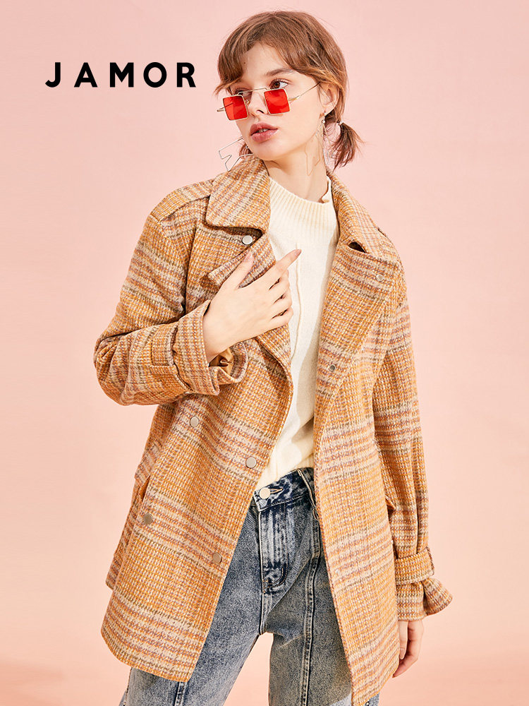 Jamor Spring and Autumn British Suit Collar Casual Jacket Women's Retro Small Shangri-La Wool Coat Yellow