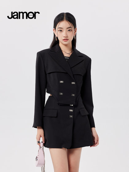 Jamor黑色短款西装外套女装2024新款春款设计感chic外套上衣加末