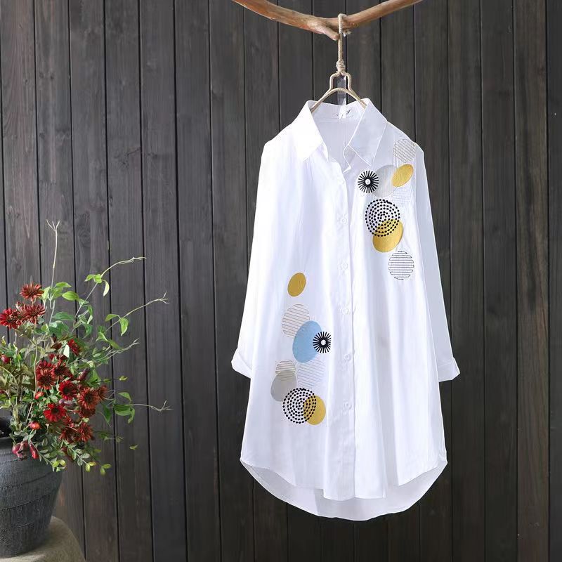 2022 Spring/Summer New Mid-Length Artistic Embroidered White Shirt for Women, Long Sleeve, Loose Fit, Sun Protection Shirt 2022 Spring/Summer New Mid-Length Artistic Embroidered White Shirt for Women, Long Sleeve, Loose Fit, Sun Protection Shirt